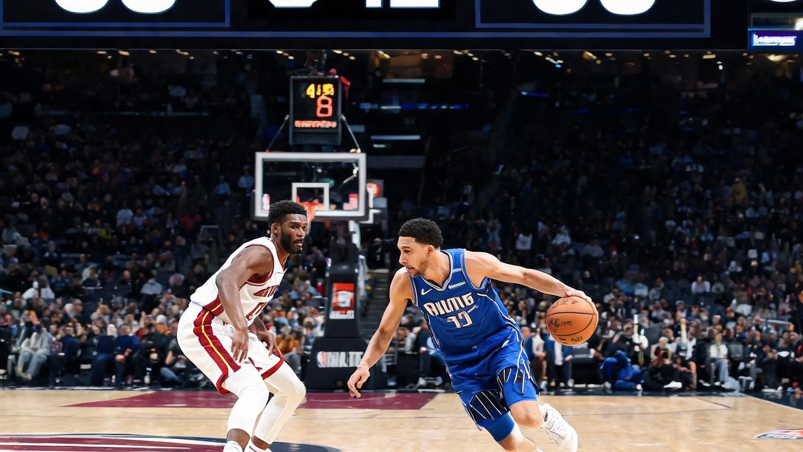 NBA篮球赛场上，计时器显示第四节还剩3分12秒，客队以98比95领先，球员正持球突破