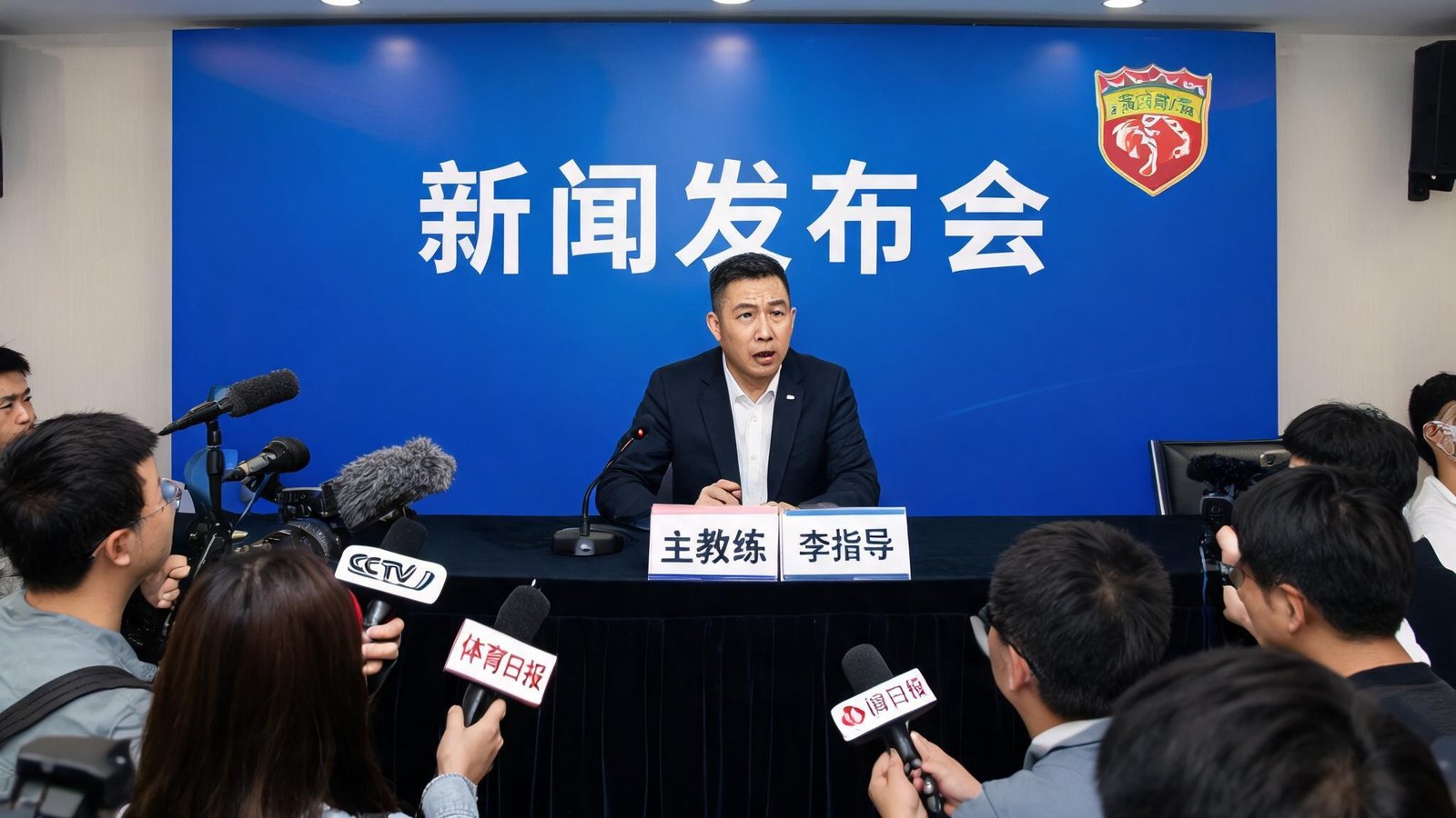 新闻发布会现场，主教练正在回答记者提问，表情严肃而专注