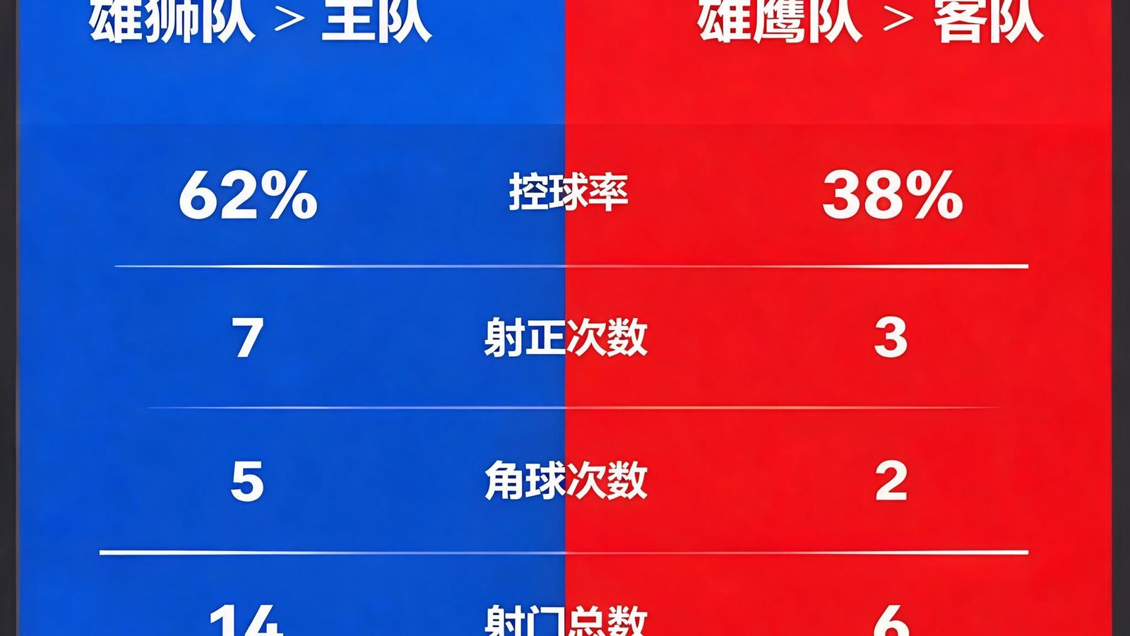电视转播画面中展示的全场比赛数据统计，包括控球率、射正次数、角球等